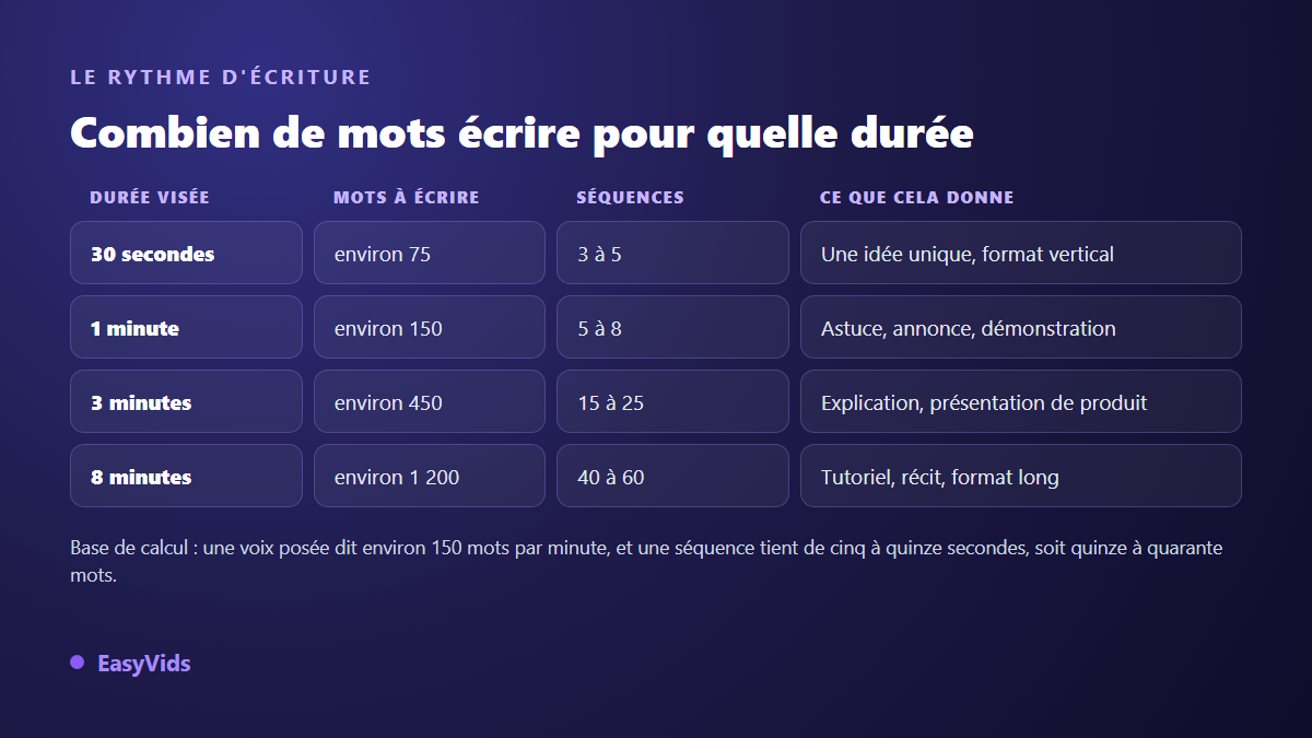 Tableau du nombre de mots à écrire pour un script vidéo selon la durée visée, avec le nombre de séquences correspondant