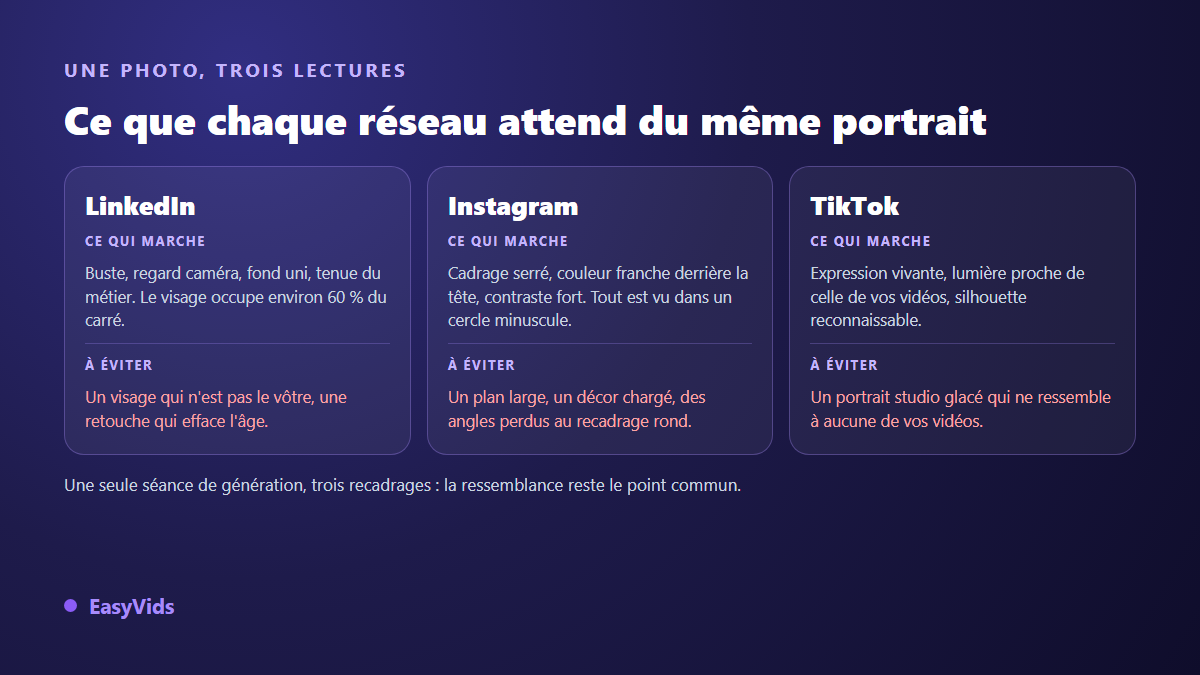 Comparaison des attentes de LinkedIn, Instagram et TikTok pour une photo de profil générée par IA