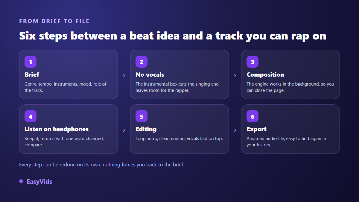 Six step AI beat production chain, from the written brief to the exported audio file