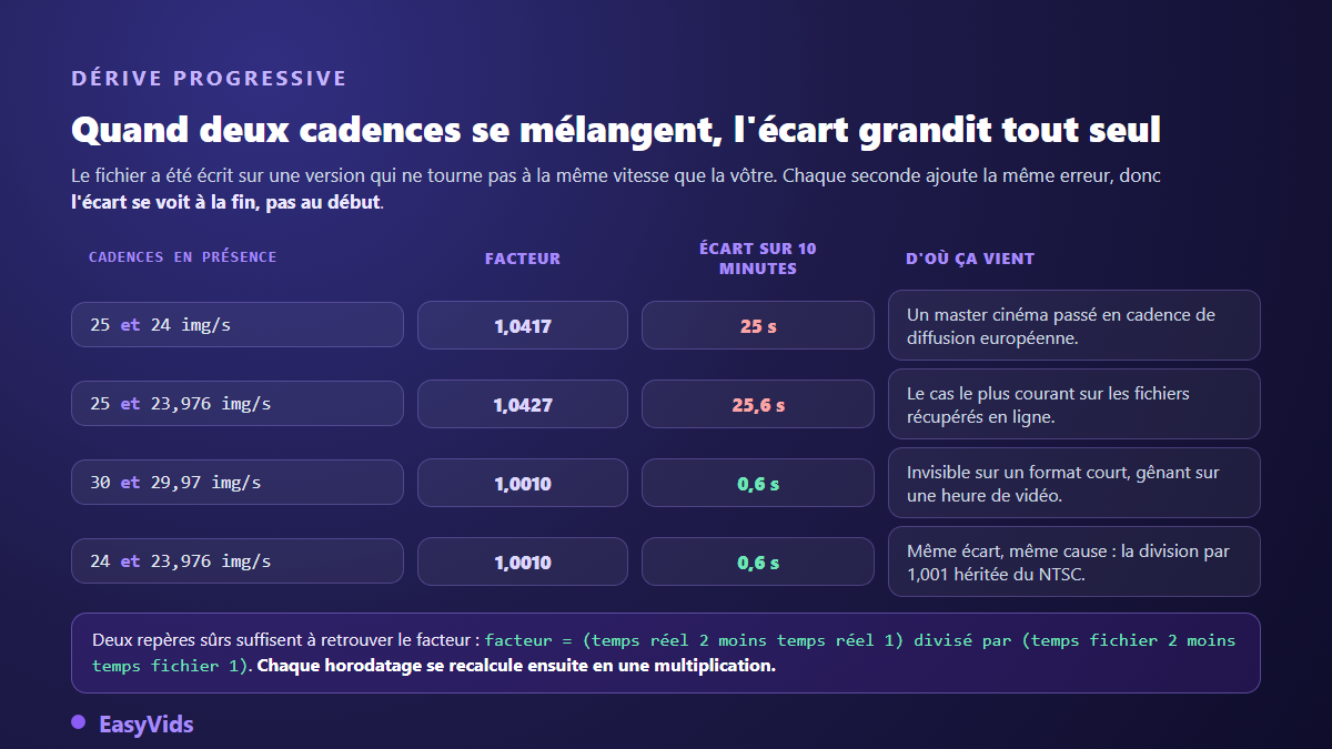 Tableau des cadences d'images incompatibles et de la dérive de sous-titres qu'elles provoquent en dix minutes