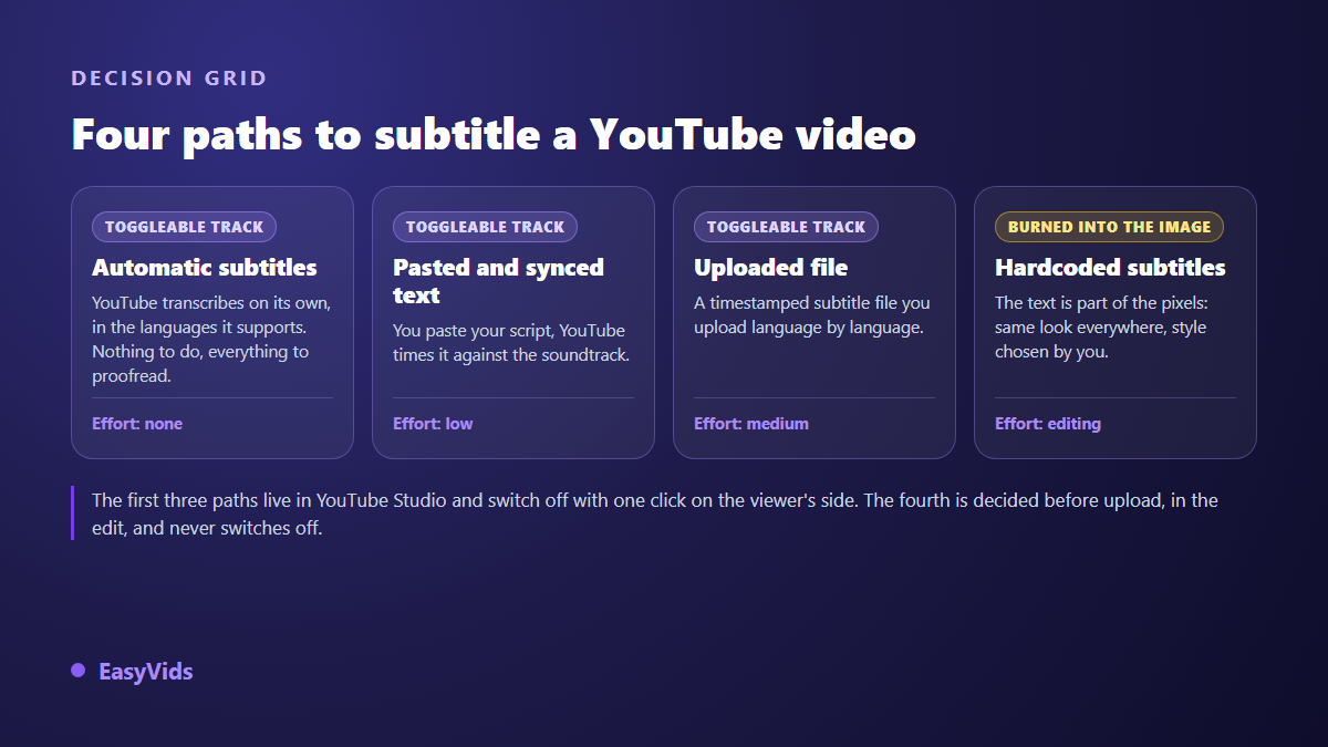 The four ways to add subtitles to a YouTube video compared: automatic captions, synced transcript, uploaded file and burned in subtitles