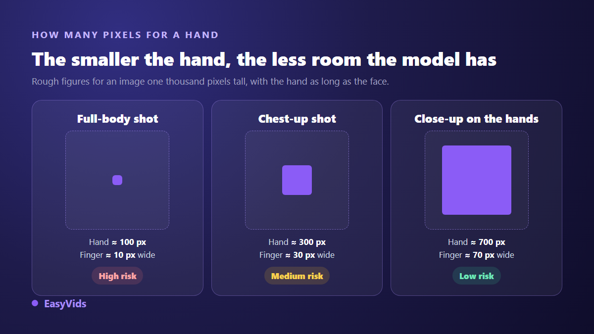 How hand size in pixels changes with framing: full body shot, chest shot and close-up on the hands