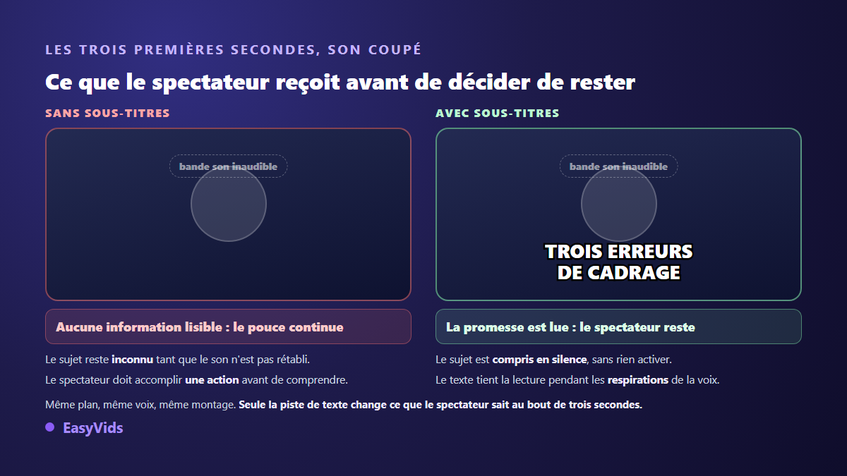 Comparaison de deux vidéos son coupé, l'une sans sous-titres et l'autre avec des sous-titres lisibles dès les premières secondes
