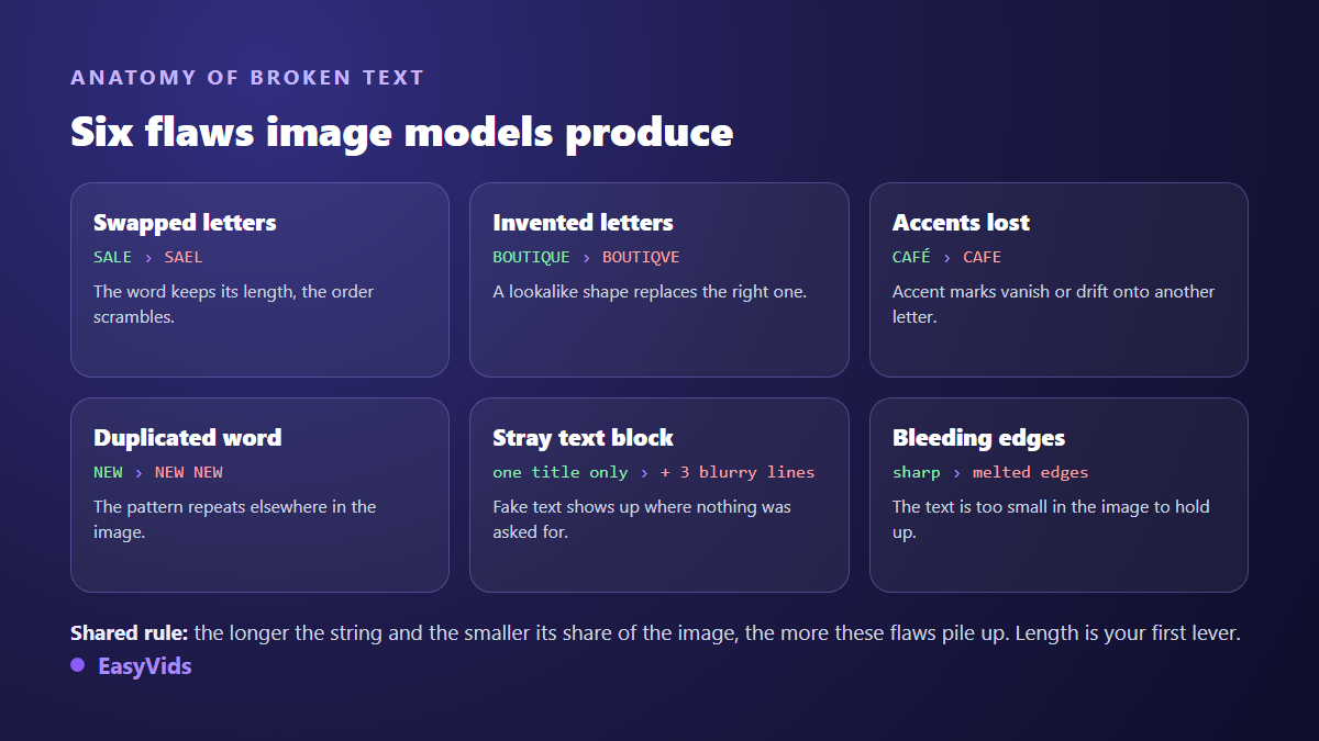 The six typical AI text failures: swapped letters, invented letters, lost accents, duplicated word, ghost text block, smeared edges