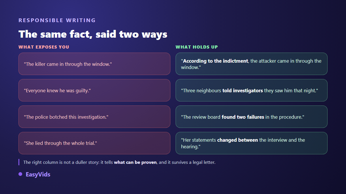Risky wording compared with sourced wording in a true crime channel script
