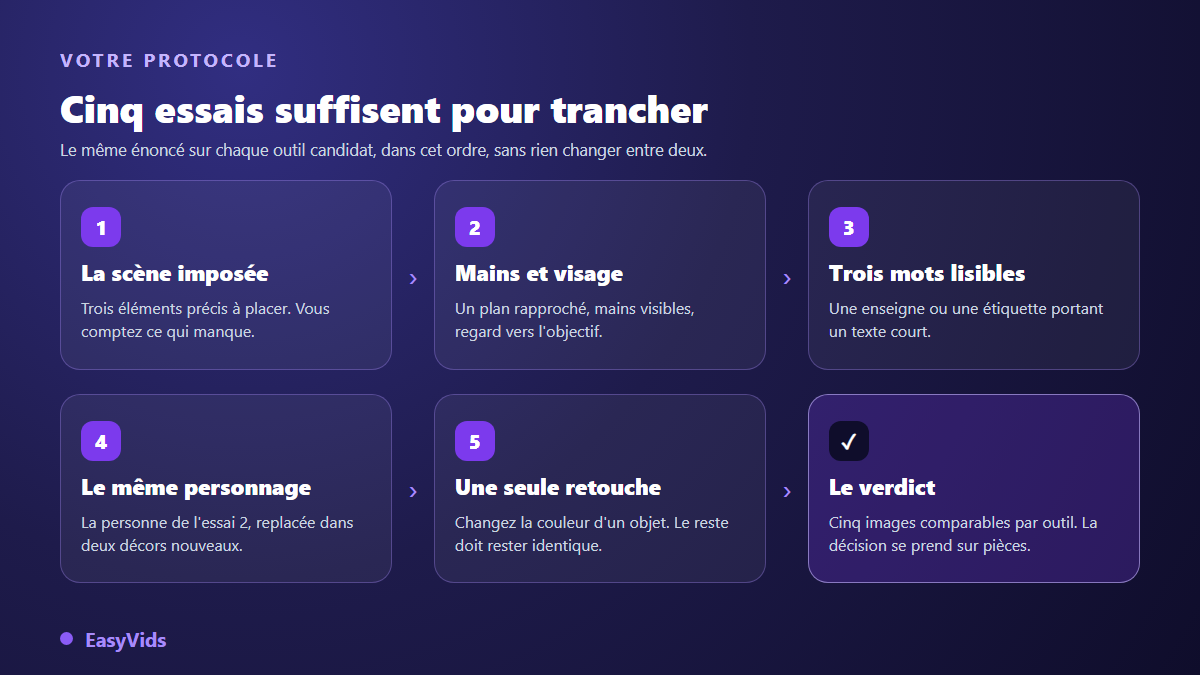 Protocole de cinq essais pour comparer des générateurs d'images IA : scène imposée, mains et visage, texte lisible, même personnage, retouche par instruction