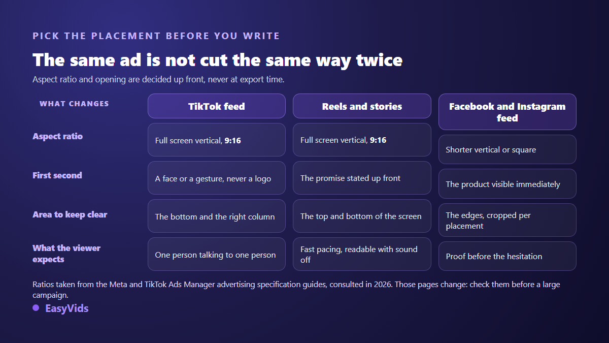 Comparison of aspect ratios, openings and safe areas for a video ad depending on the placement