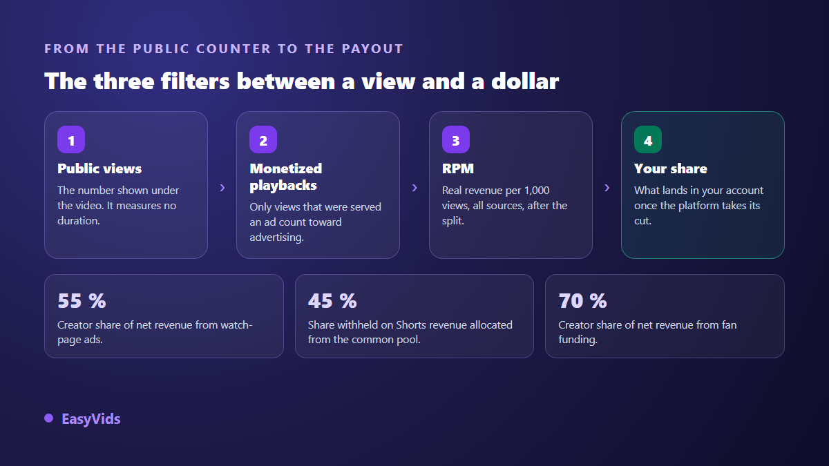 The three filters between a YouTube view and a payout: monetised playbacks, RPM and the creator revenue share