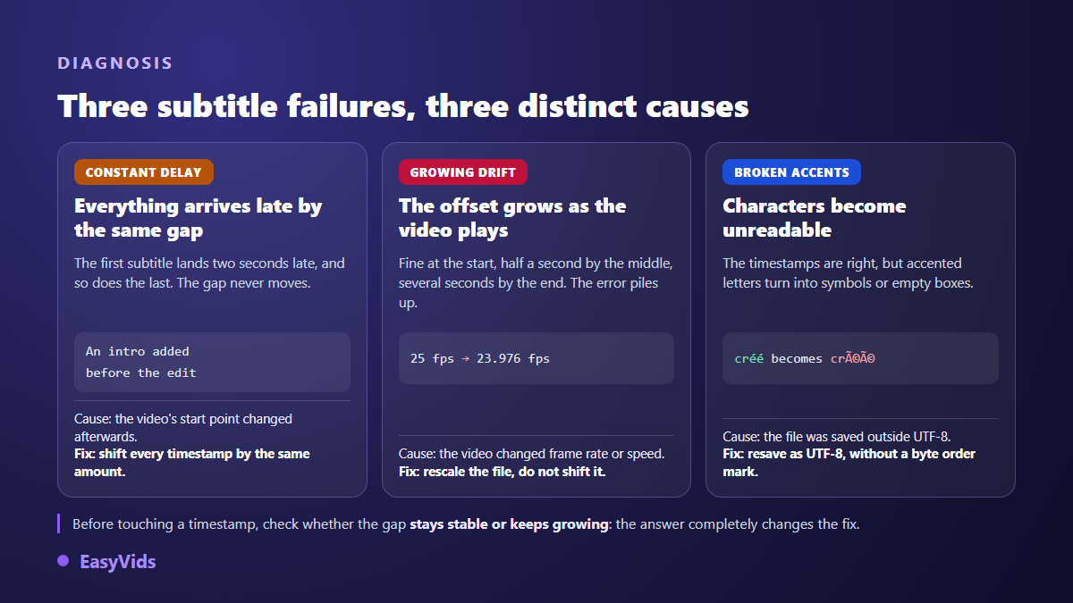 Diagnosing an SRT timing problem: constant delay, progressive drift and broken accented characters