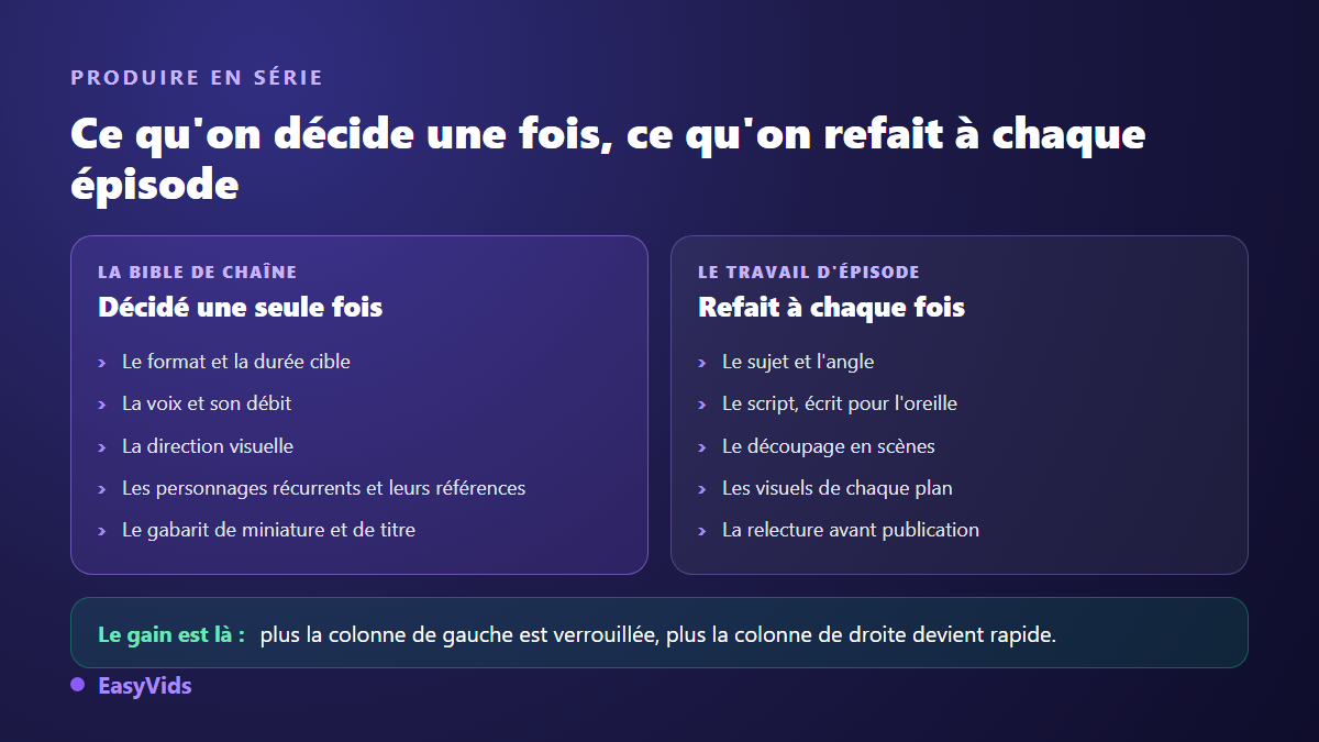 Production en série d'une chaîne YouTube sans visage : la bible de chaîne figée d'un côté, le travail d'épisode de l'autre