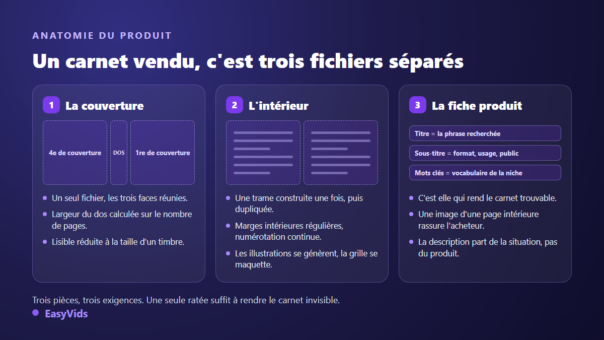 Anatomie d'un low content book vendu sur KDP : couverture complète, intérieur répétitif et fiche produit