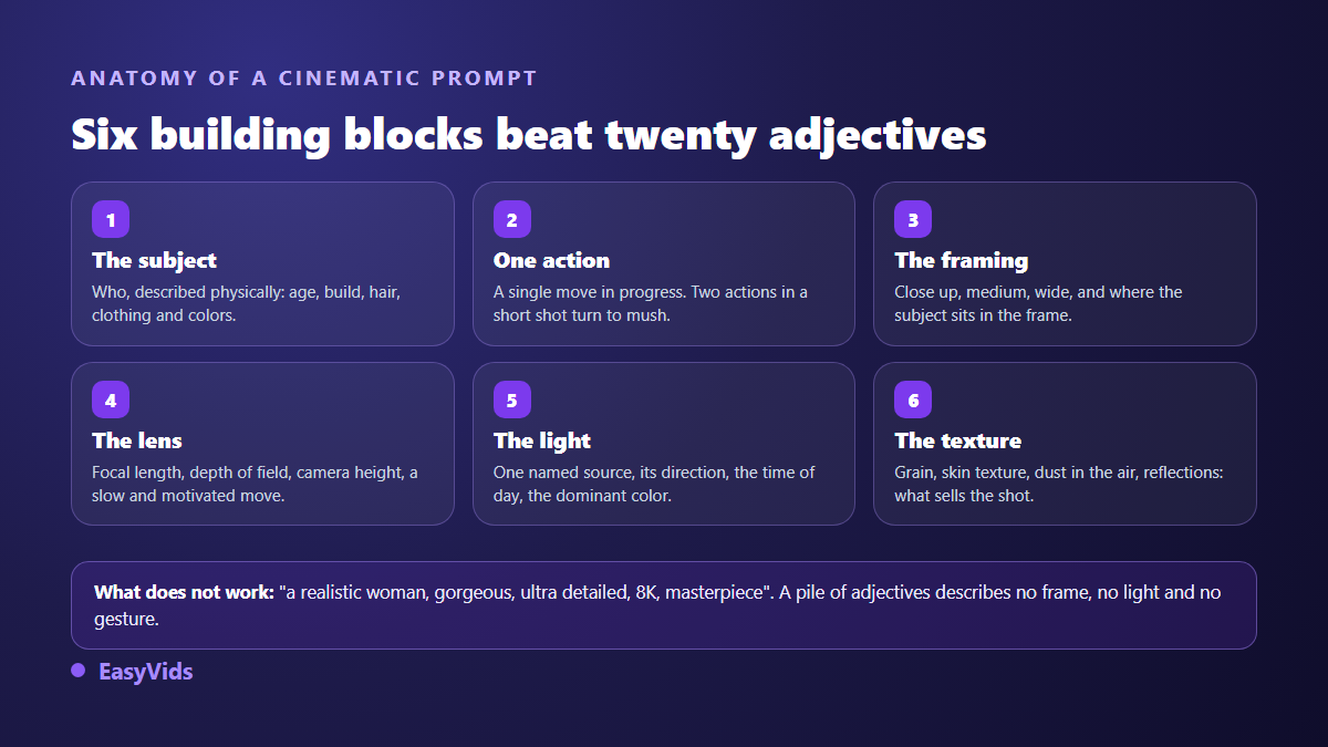 Anatomy of a cinematic AI video prompt in six blocks: subject, action, framing, lens, light and texture
