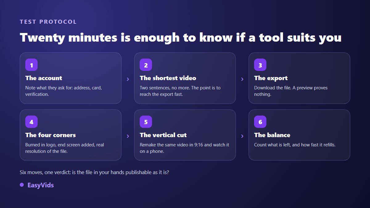 Six step protocol to test a free AI video generator: sign up, short video, export, inspection, vertical format, remaining balance