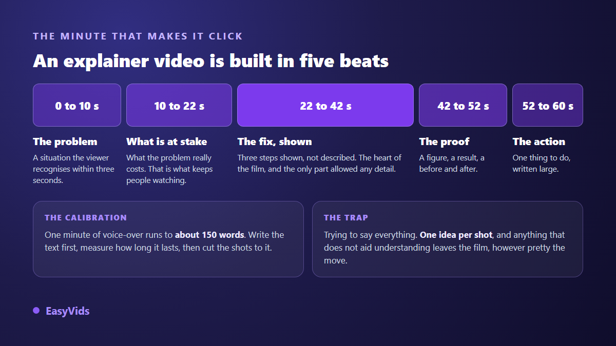 Structure of a motion graphics explainer video: problem, stakes, solution shown as steps, proof and call to action