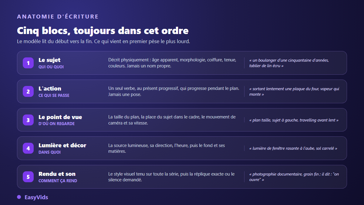 Les cinq blocs d'un prompt vidéo IA : sujet, action, point de vue, lumière et décor, rendu et son