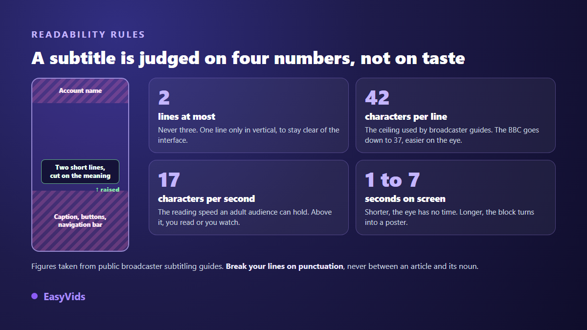 Subtitle readability rules: two lines maximum, 42 characters per line, 17 characters per second, 1 to 7 seconds on screen