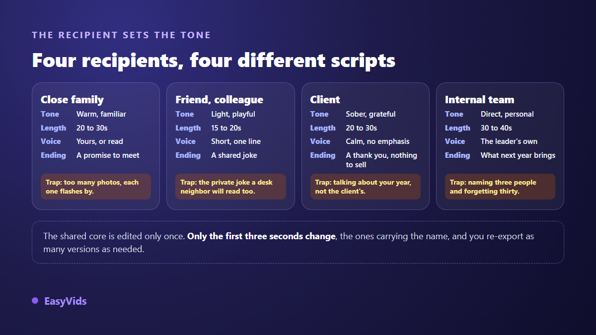 Four recipient profiles for a greeting video: family, friend, client and internal team, with matching tone and length