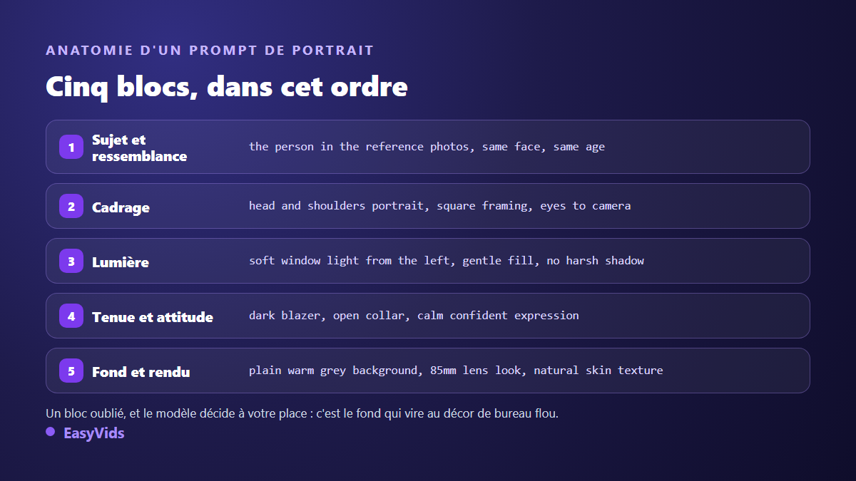 Anatomie d'un prompt de photo de profil IA en cinq blocs : sujet et ressemblance, cadrage, lumière, tenue, fond et rendu