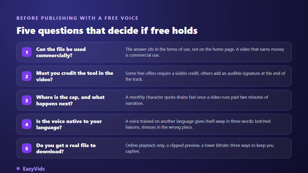 Five questions to settle before using a free voice over: commercial rights, attribution, monthly cap, native language and file download