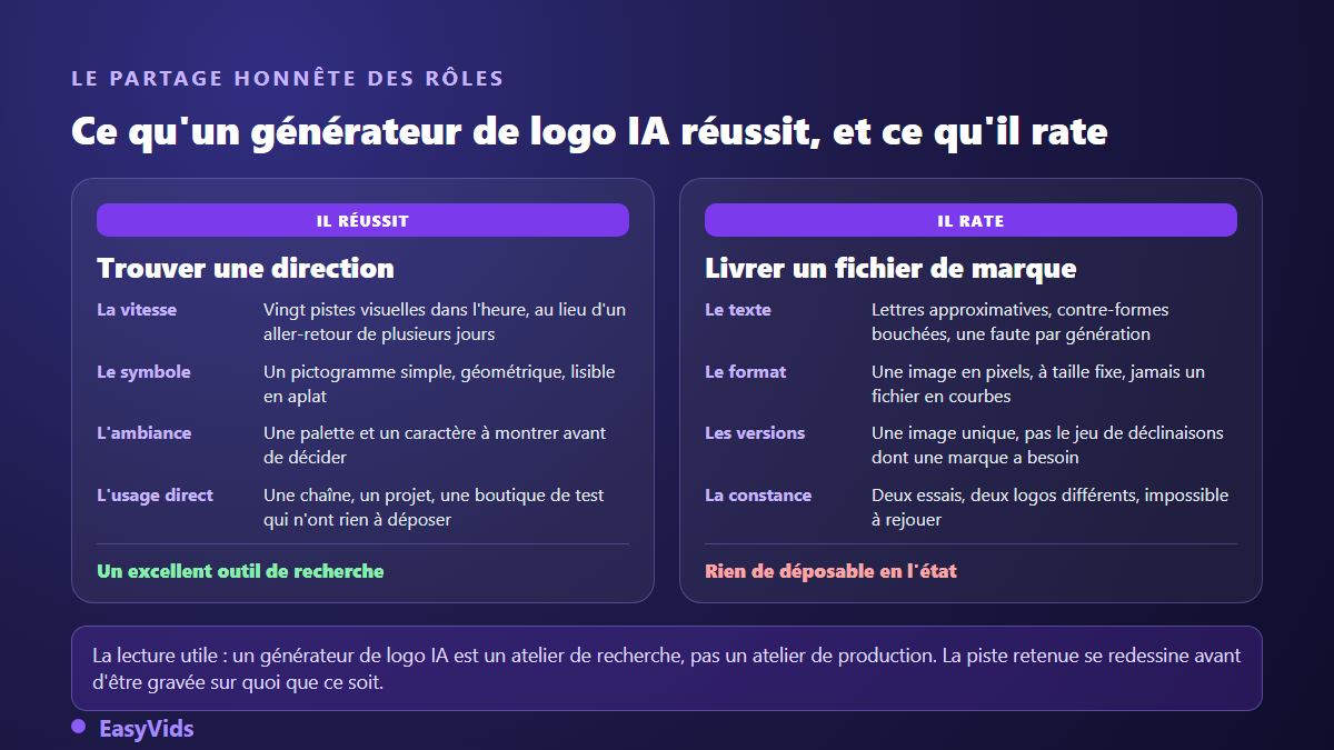 Comparaison entre ce qu'un générateur de logo IA réussit et ce qu'il rate : direction visuelle contre fichier de marque