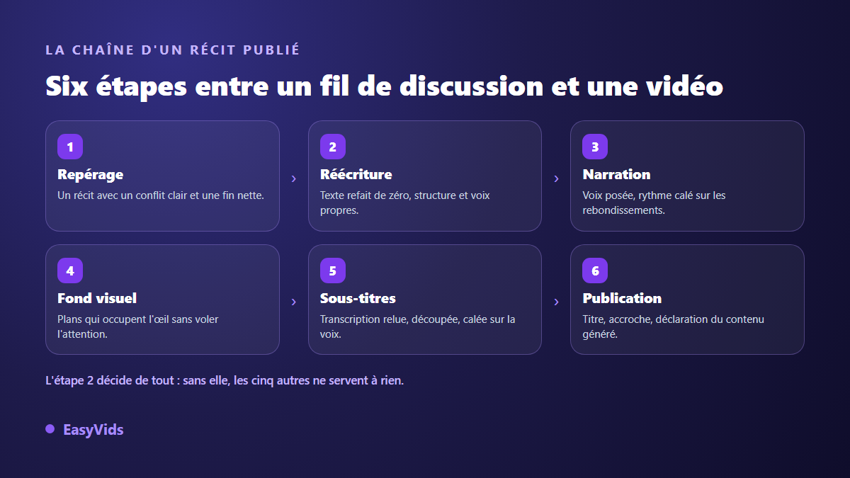 Les six étapes d'une vidéo d'histoire Reddit, du repérage du récit à la publication sous-titrée