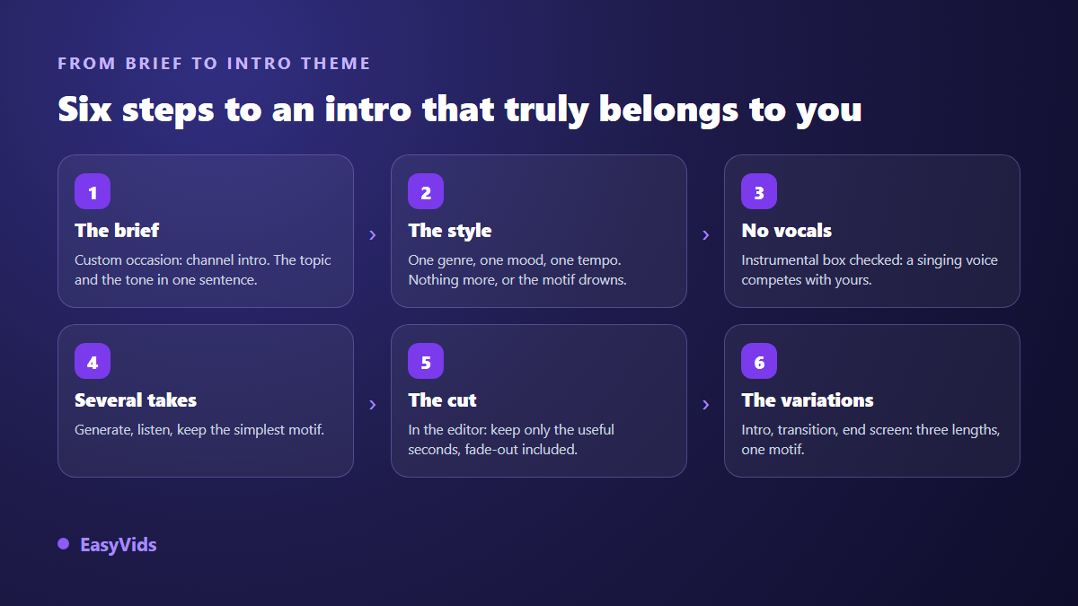 Six steps to create YouTube intro music with AI, from the brief to the variations