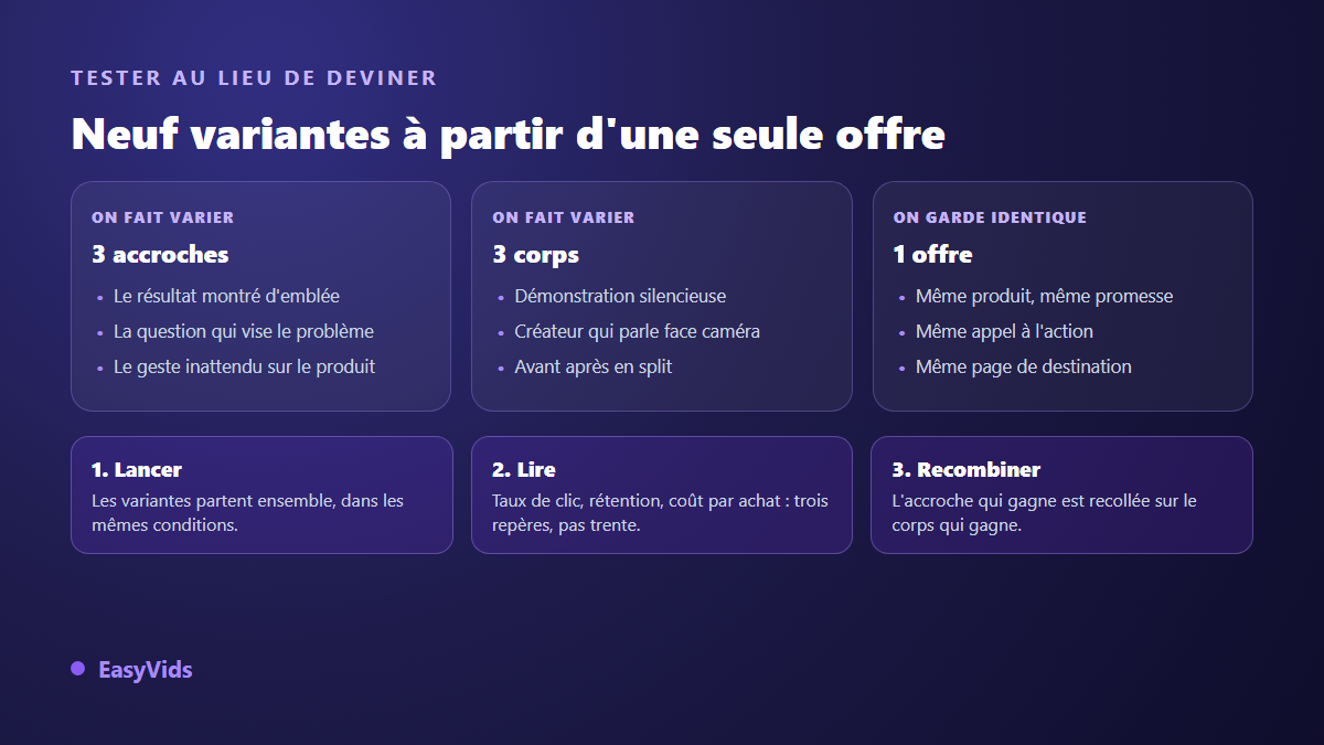Méthode de test créatif publicitaire : trois accroches croisées avec trois corps de vidéo pour obtenir neuf variantes d'une même offre