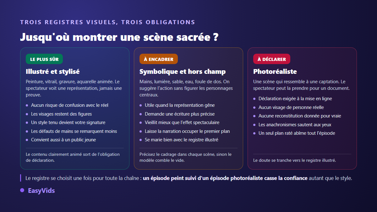Trois registres visuels pour une chaîne biblique sans visage, illustré, symbolique et photoréaliste