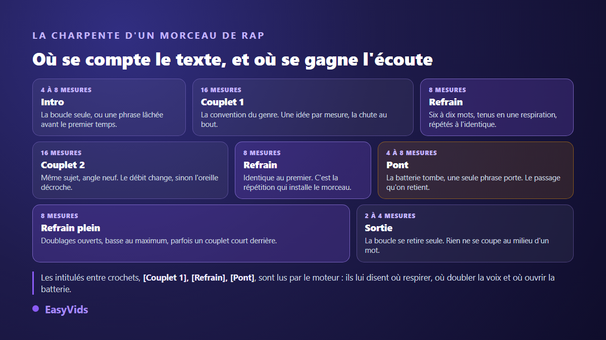 Structure d'un morceau de rap : intro, couplet de seize mesures, refrain de huit mesures, pont et sortie