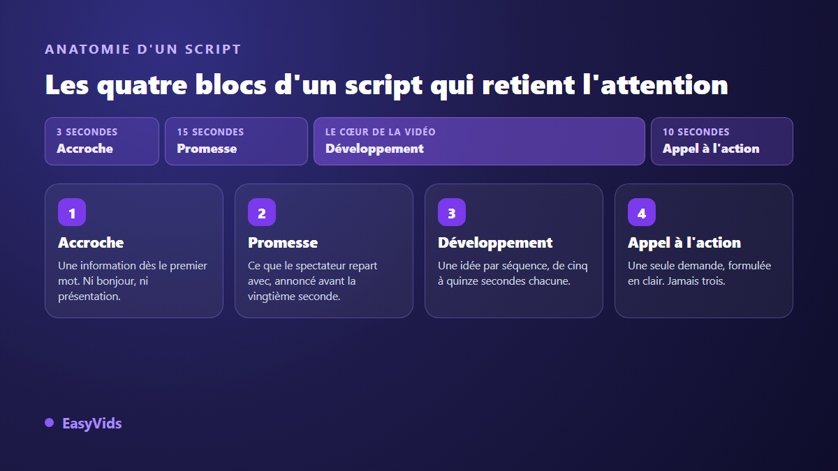 Anatomie d'un script vidéo en quatre blocs : accroche, promesse, développement et appel à l'action, avec leur durée respective