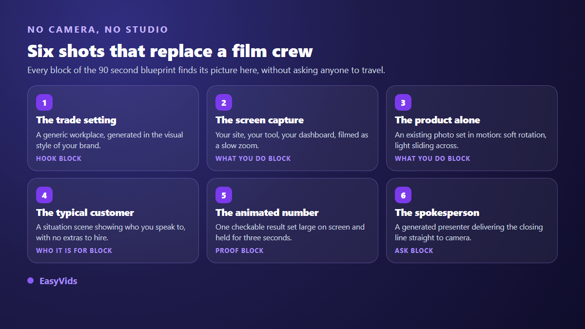 Six shot types for a company video without filming: trade setting, screen capture, animated photo, situation shot, number, spokesperson