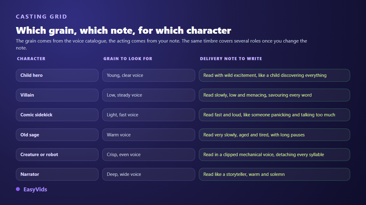 AI voice casting grid: the grain to look for and the reading direction to write for six character types