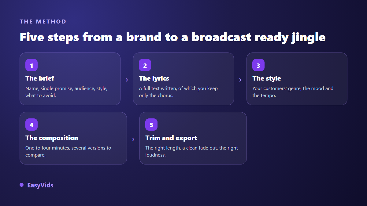 The five steps of brand jingle creation: brief, short lyrics, musical style, composition, trim and export