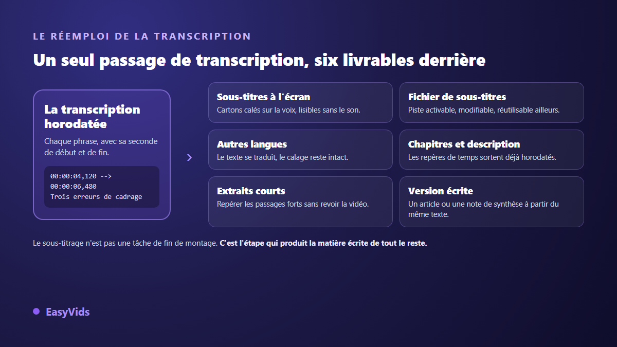 Une transcription horodatée alimente les sous-titres à l'écran, le fichier de sous-titres, la traduction, les chapitres, les extraits courts et une version écrite