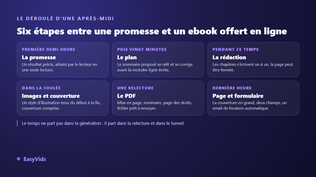 Les six étapes d'une après-midi pour produire un ebook offert : promesse, plan, rédaction, images, PDF, page et formulaire