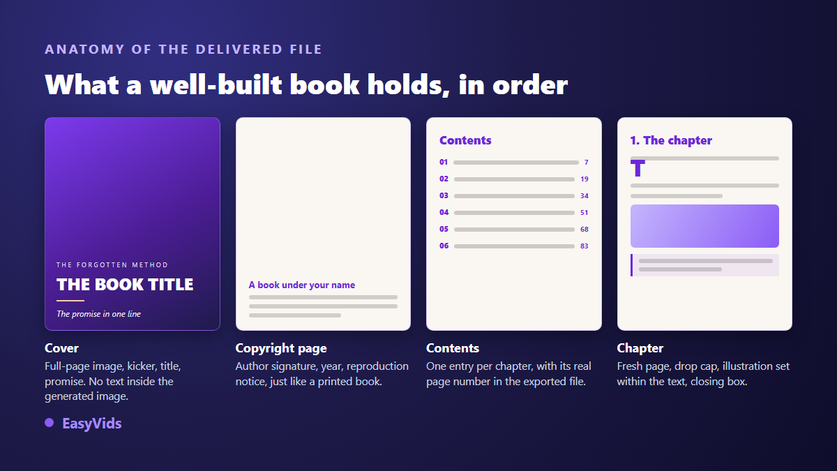 Anatomy of a composed ebook: full page cover, rights page, paginated contents and a chapter with a drop capital