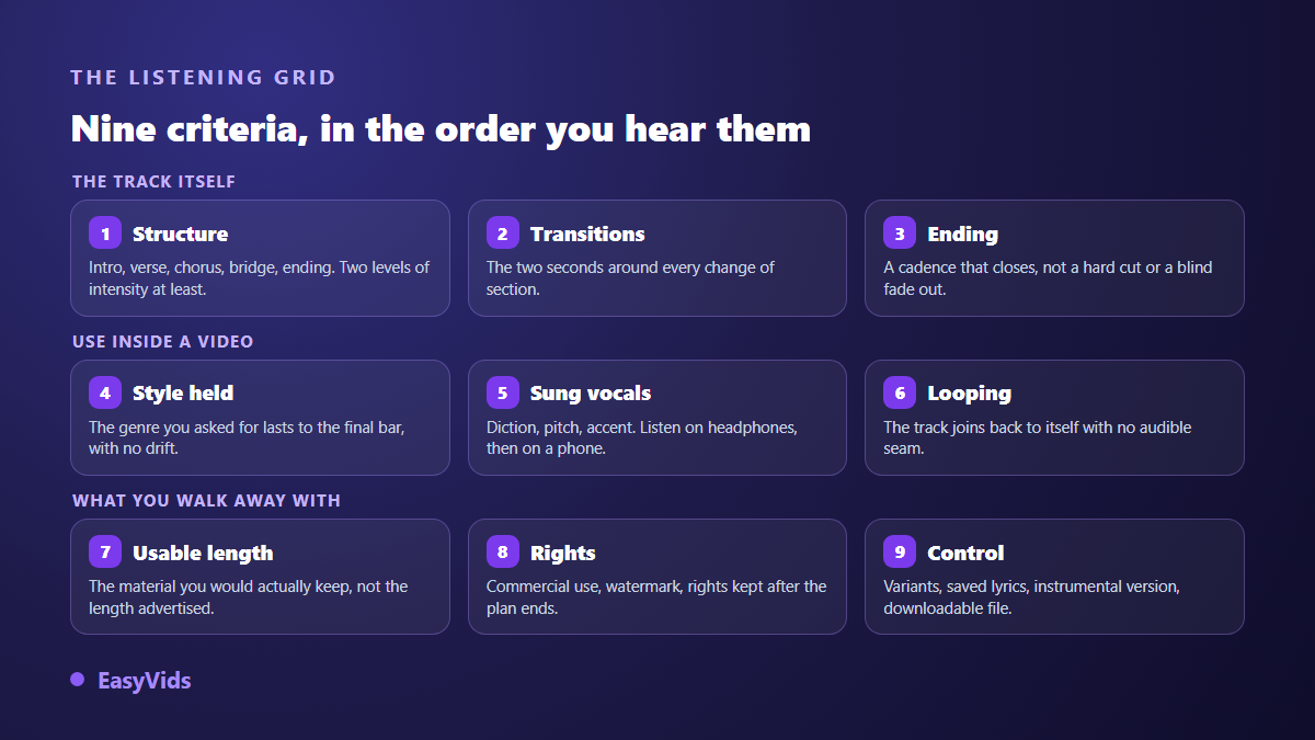 Grid of the nine criteria for choosing an AI music generator: structure, transitions, ending, style, vocals, looping, length, rights, control