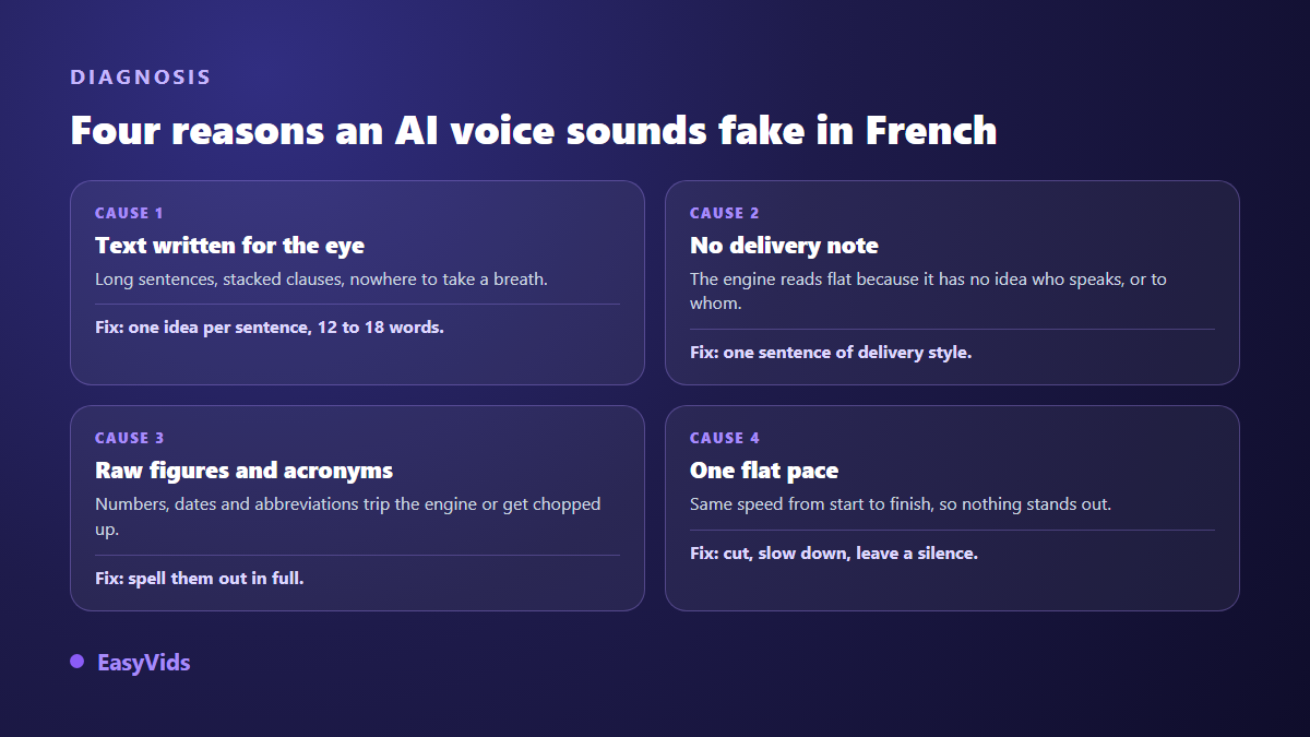 Four causes of an AI voice over that sounds fake, each with its matching fix