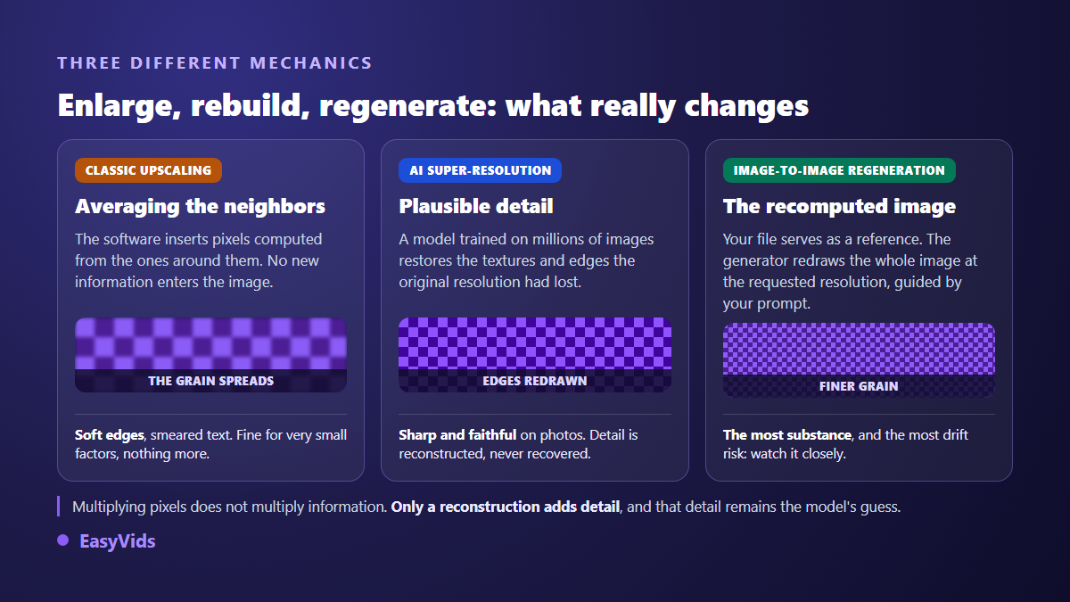 Three ways to upscale an image compared: classic interpolation, AI super resolution and image to image regeneration
