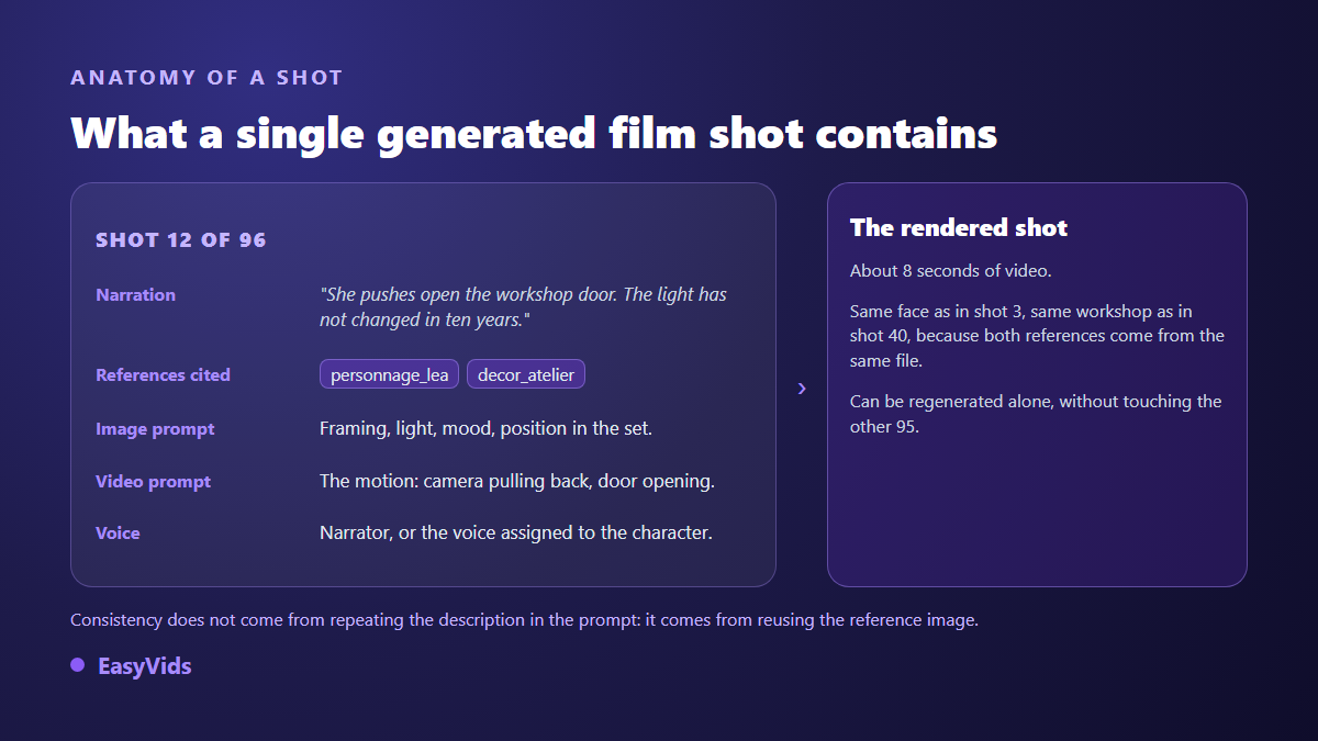 Anatomy of an AI film shot: narration, cited references, image prompt, video prompt and voice, then the rendered clip