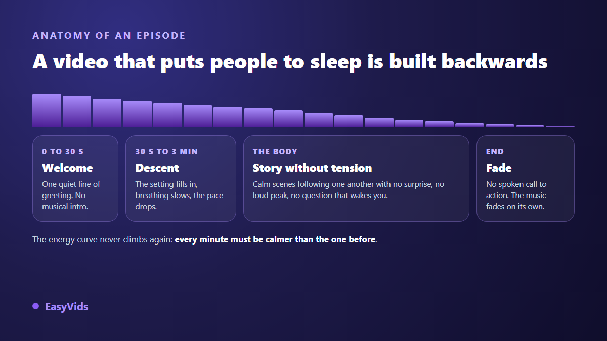 Anatomy of a bedtime story episode: welcome, descent, tension free story and final fade, with a falling energy curve