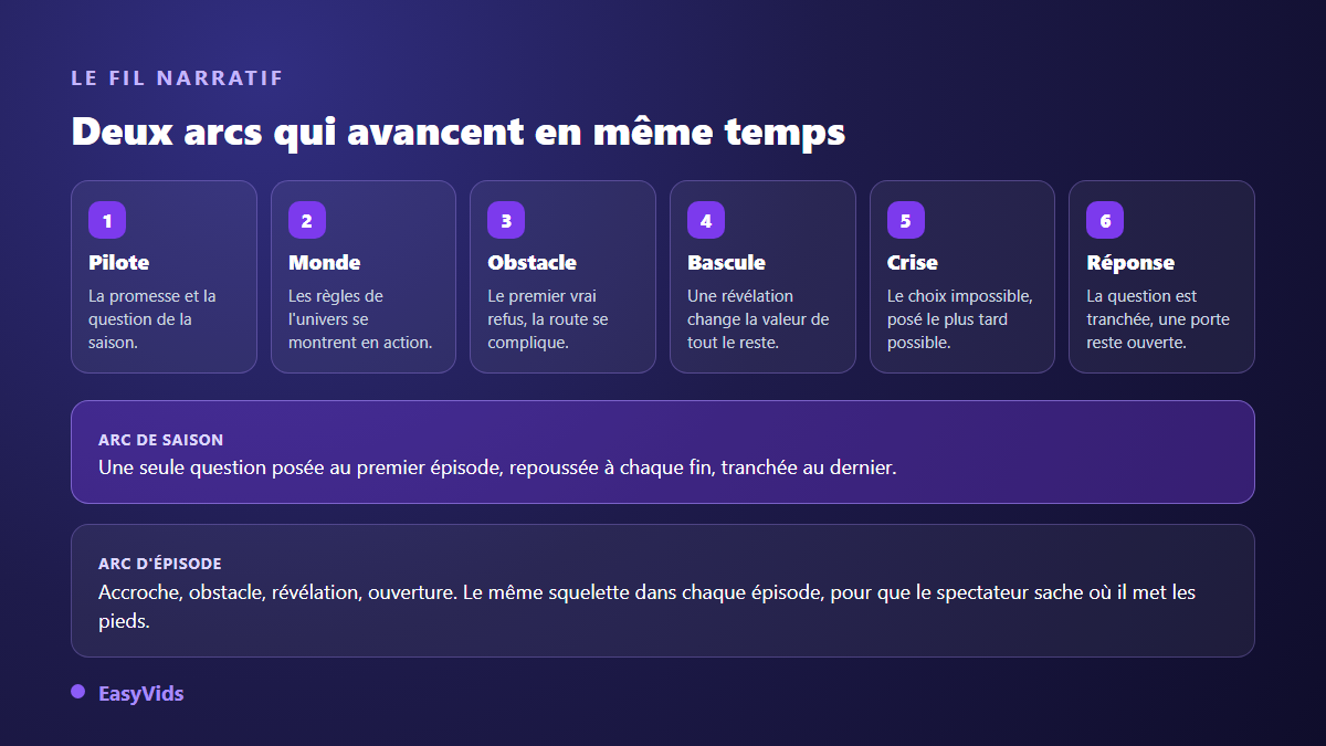 Fil narratif d'une série IA sur six épisodes avec arc de saison et arc d'épisode