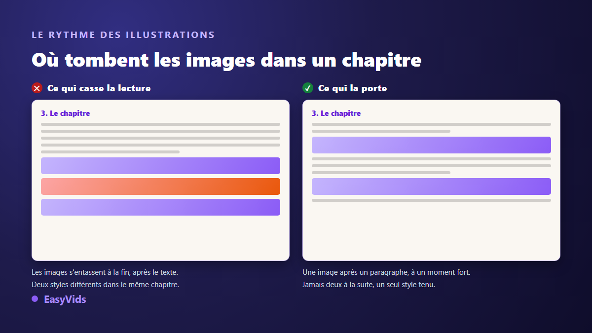 Placement des illustrations dans un chapitre d'ebook : images entassées à la fin contre images réparties entre les paragraphes