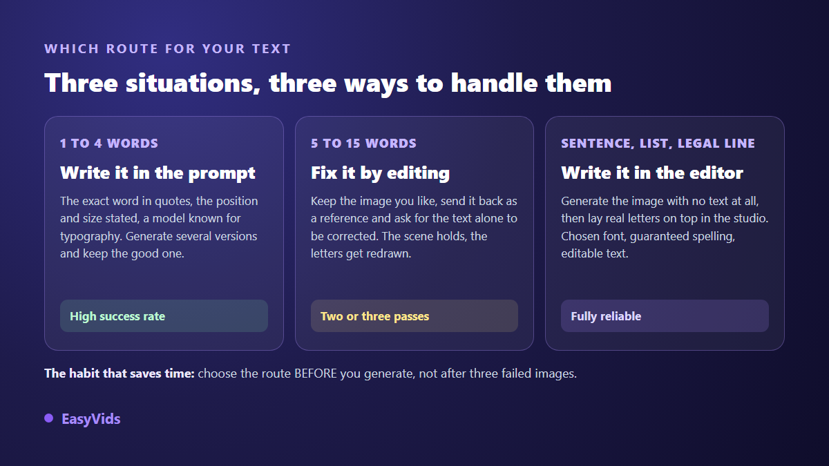 Decision grid for AI text in images: prompt, reference editing or editor depending on text length