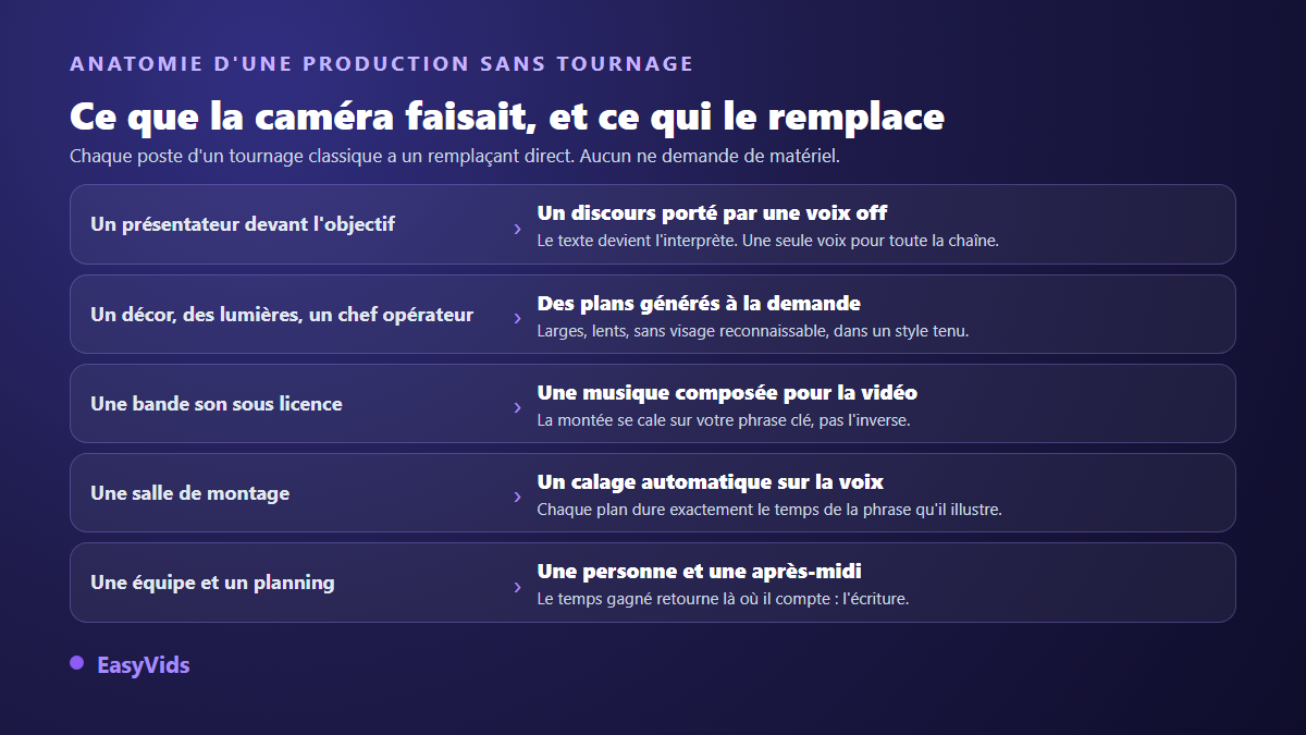 Ce que remplace une production sans caméra : présentateur, décor, musique sous licence, salle de montage et équipe