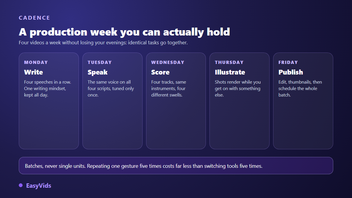Weekly production plan for a faceless motivation channel organised in batches from Monday to Friday