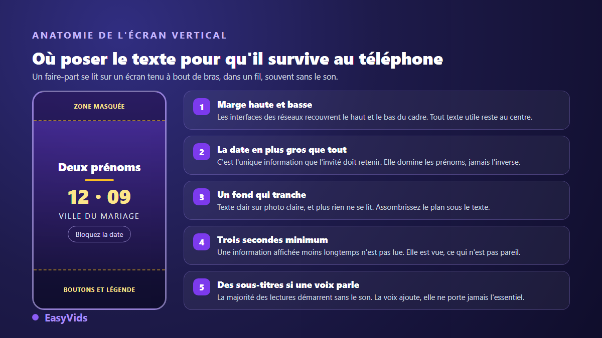 Anatomie de l'écran vertical d'une annonce de mariage : marges haute et basse, date en grand caractère, sous-titres
