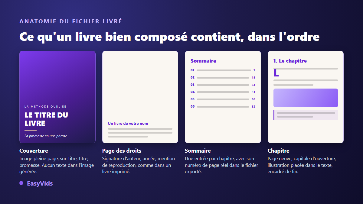 Anatomie d'un ebook composé : couverture pleine page, page des droits, sommaire paginé et chapitre avec capitale d'ouverture