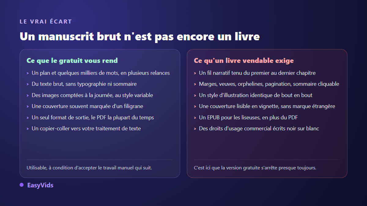 Comparaison entre ce qu'un générateur d'ebook gratuit livre et ce qu'un livre numérique vendable exige
