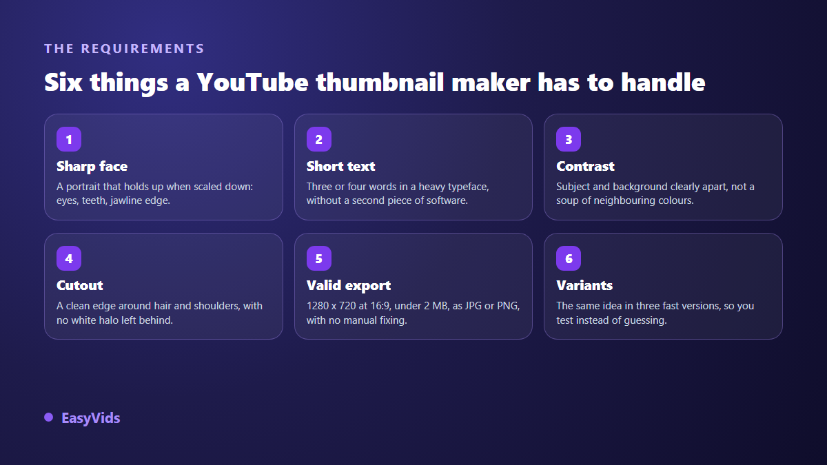 The six skills of a YouTube thumbnail maker: sharp face, short text, contrast, cutout, valid export and variants